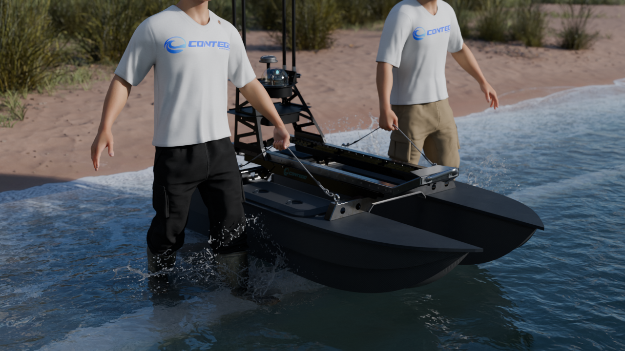 catamaran USV, autonomous surface vessel, marine robotics, unmanned surface vessel, modular USV, hydrographic survey, water sampling, payload deployment.
