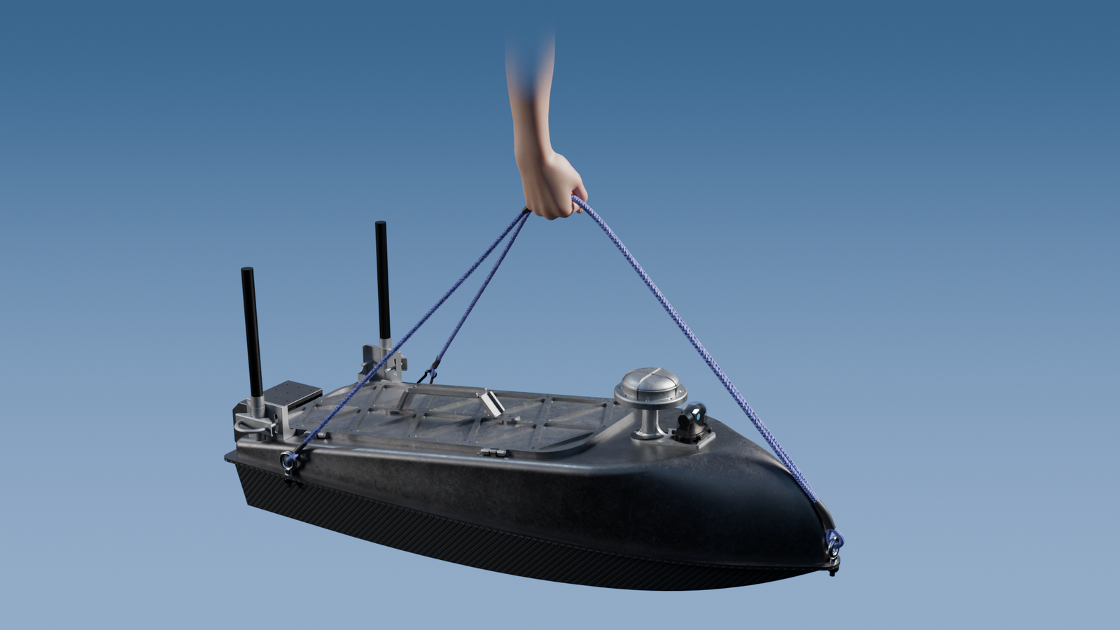 mono-hull USV, compact unmanned surface vessel, shallow-water USV, jet-powered USV, autonomous marine platform. Contego - viper 110 hoisting- usv for marine robotics