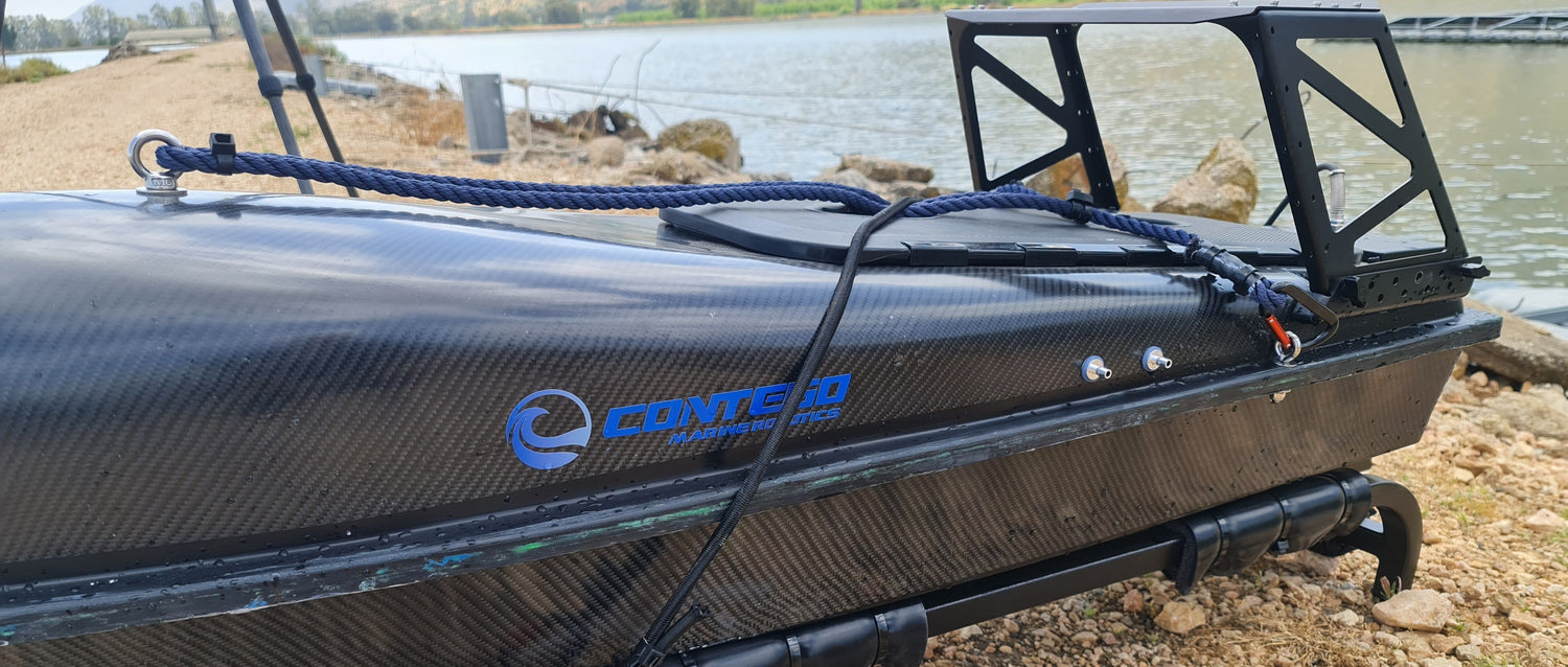 mono-hull USV, compact unmanned surface vessel, shallow-water USV, jet-powered USV, autonomous marine platform.
Contego - viper 160 close up - usv for marine robotics