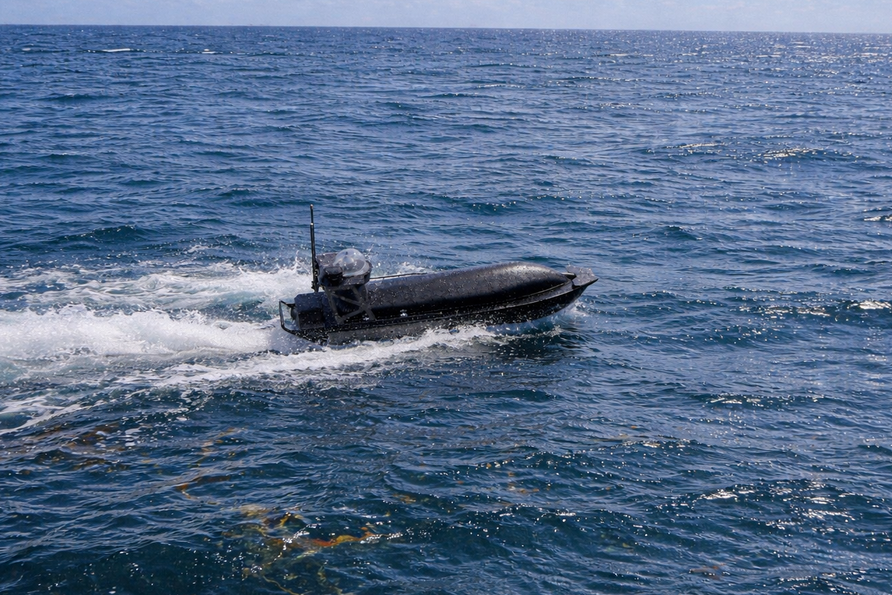 mono-hull USV, compact unmanned surface vessel, shallow-water USV, jet-powered USV, autonomous marine platform.
Contego - viper 160 on water - usv for marine robotics