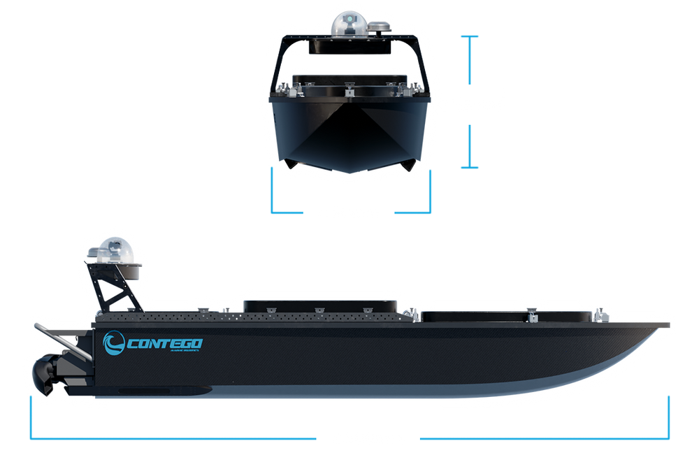 mono-hull USV, compact unmanned surface vessel, shallow-water USV, jet-powered USV, autonomous marine platform. Contego - viper 270 geometry - usv for marine robotics