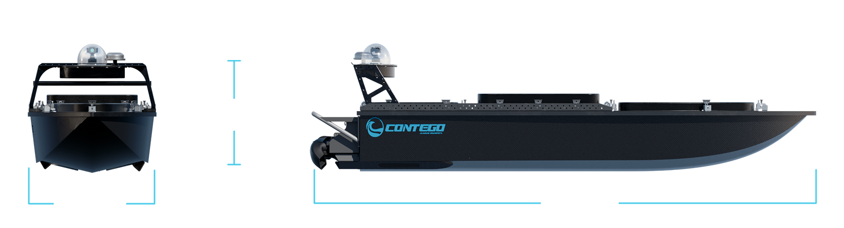 mono-hull USV, compact unmanned surface vessel, shallow-water USV, jet-powered USV, autonomous marine platform. Contego - viper 270 geometry - usv for marine robotics