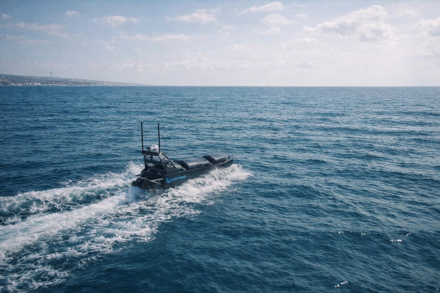 mono-hull USV, compact unmanned surface vessel, shallow-water USV, jet-powered USV, autonomous marine platform. Contego - viper 270 in water - usv for marine robotics