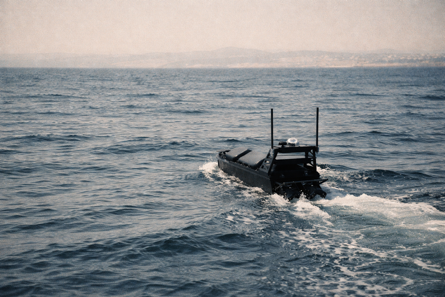 mono-hull USV, compact unmanned surface vessel, shallow-water USV, jet-powered USV, autonomous marine platform. Contego - viper 270 in water - usv for marine robotics