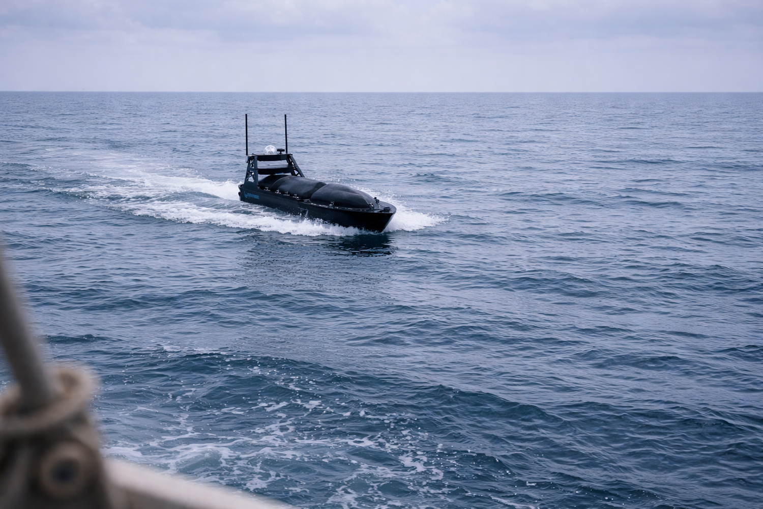 mono-hull USV, compact unmanned surface vessel, shallow-water USV, jet-powered USV, autonomous marine platform. Contego - viper 270 in water - usv for marine robotics