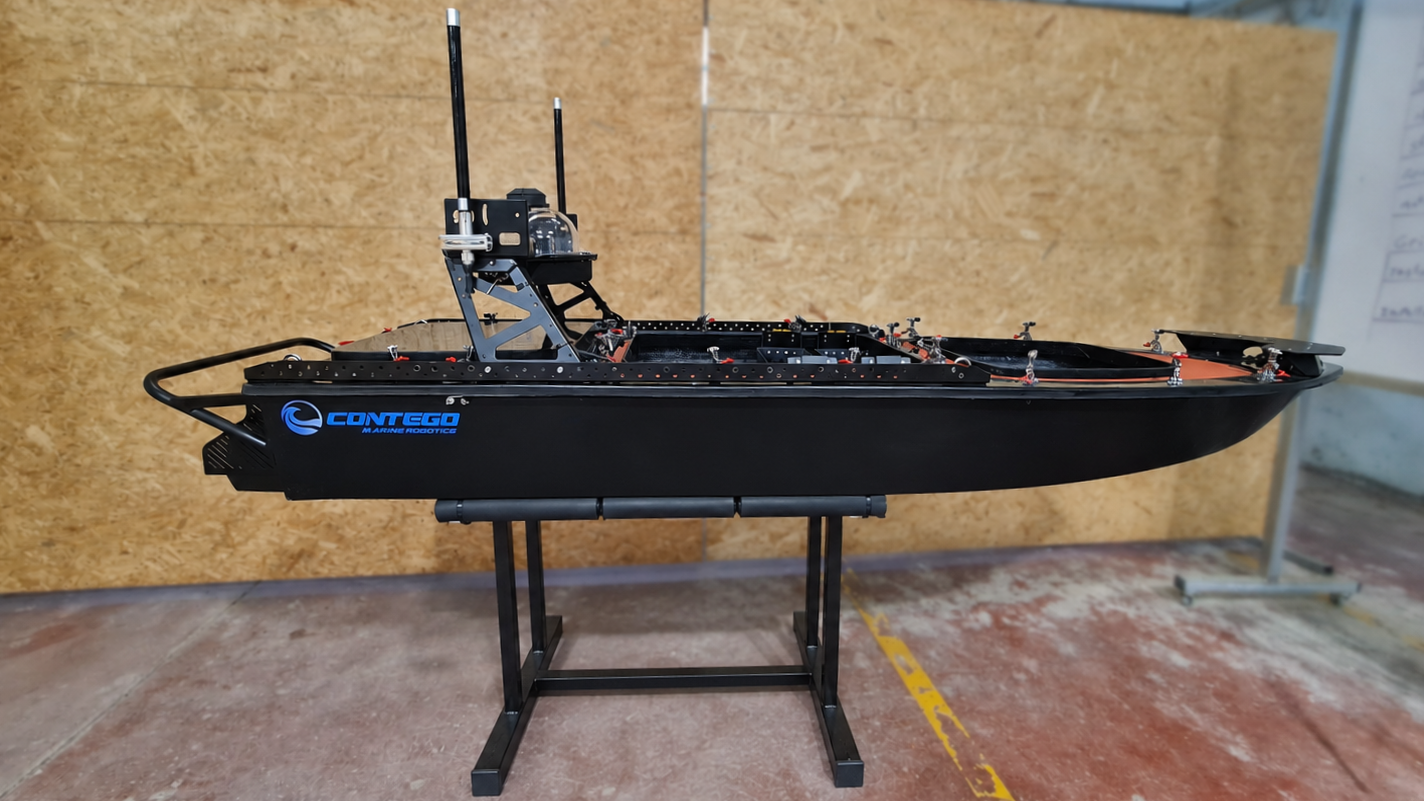 mono-hull USV, compact unmanned surface vessel, shallow-water USV, jet-powered USV, autonomous marine platform. Contego - viper 270 docking stand - usv for marine robotics
